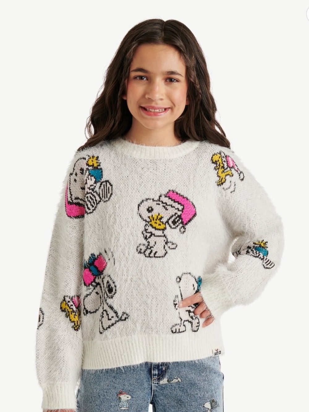 Justice White Snoopy Graphic Knit Sweater with Pink & Blue Accents